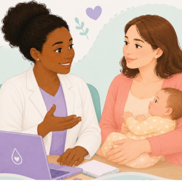 Ilustração de uma profissional orientando uma mãe com seu bebê